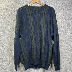 Vintage Field Gear Sweater Mens LT Blue Geometric Cotton Knit Hong Kong 90s